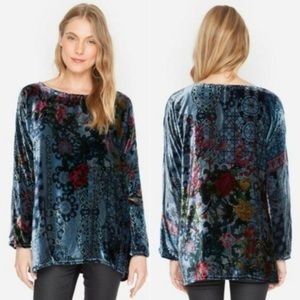 Johnny Was Glen Dolman Velvet Silk Floral Printed Tunic Long Sleeve Blue XXL